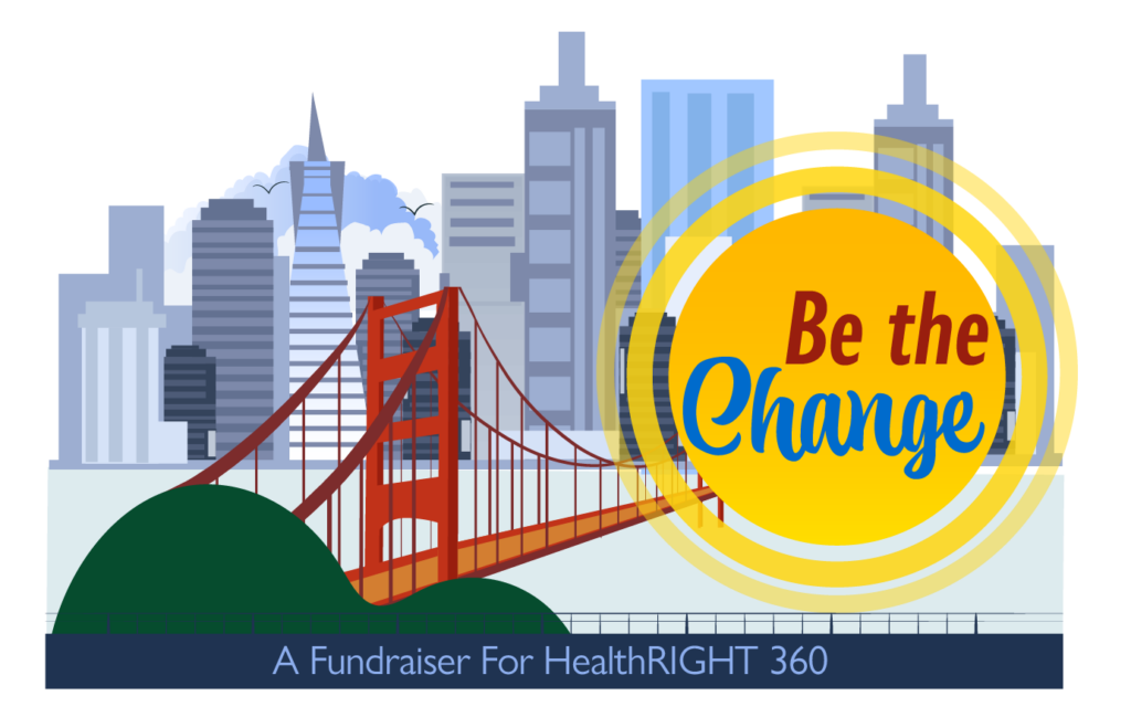 Be The Change event logo - clipart of SF Skyline abd gilden gate bridge. A big yellow circle in the middle over which text says 'Be The Change'.