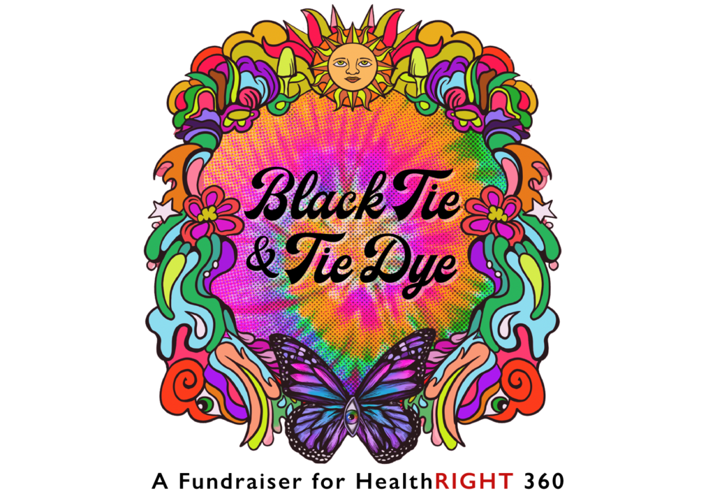 A colorful circular graphic around Sun and text in the center say 'Black Tie & Tie Dye.'